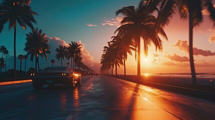 A sports car speeds along the Miami Beach coastline, surrounded by palm trees, exuding a sense of speed.