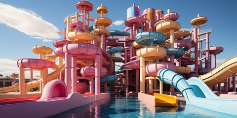 Experience the ultimate rush as you glide down vibrant slides amidst a beautiful sky and playful clouds at the colorful water park playground - obrazy, fototapety, plakaty