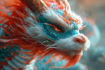 The close up portrait of the dragon at the blue sky.