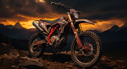 Obraz premium A fierce dirt bike tackles a treacherous rocky hill, its wheels churning through the rough terrain as the rider embraces the thrill of offroading and the freedom of the open sky