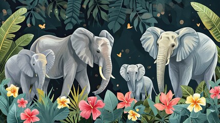 Elephants family with modern colorful tropical floral pattern. Hand drawn illustration, flat lay