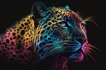 portrait of leopard in neon colors on a dark background