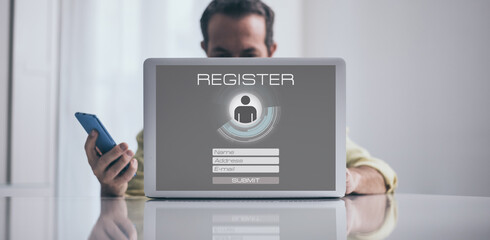 Man sign up and login. Registration, enter, sign in, membership concept. Personal data acquisition.