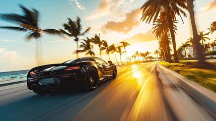Obraz premium A sports car speeds along the Miami Beach coastline, surrounded by palm trees, exuding a sense of speed.
