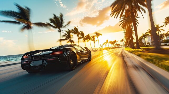 A sports car speeds along the Miami Beach coastline, surrounded by palm trees, exuding a sense of speed. - Powered by Adobe