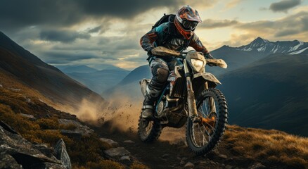 A fearless rider conquering the rugged terrain, his dirt bike soaring through the sky as he navigates the rocky hills with precision and skill in a thrilling display of offroading prowess