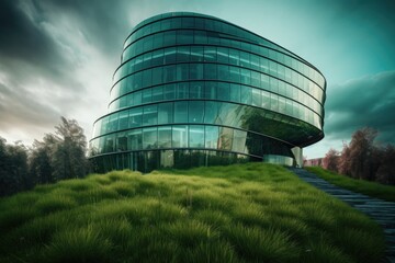 A modern glass building stands tall among the lush green landscape, its reflective windows mirroring the vibrant blue sky and fluffy clouds above, blending nature and architecture seamlessly