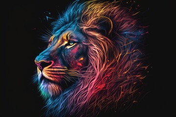portrait of lion in neon colors on a dark background