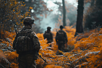 Fototapeta na wymiar Armed Warrior in Camouflage: A Commando Soldier Aiming in a Forest Battlefield