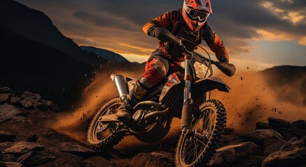 A fearless stunt performer defies gravity and tackles the rugged terrain on their dirt bike, leaving a cloud of dust in their wake as they race towards the setting sun - obrazy, fototapety, plakaty