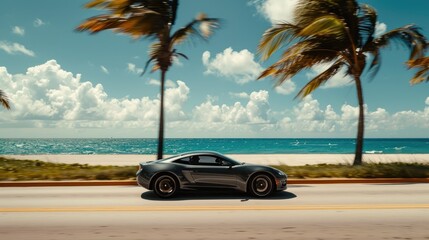 A sports car speeds along the Miami Beach coastline, surrounded by palm trees, exuding a sense of speed.