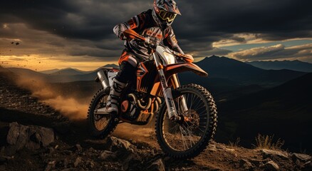 A fearless stunt performer races through the rugged terrain on their powerful motorcycle, defying gravity and pushing the limits of extreme sport under the dramatic sunset sky