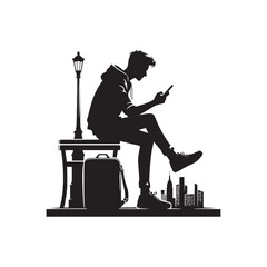 Illuminated Interaction: Man Using Mobile Silhouette Illuminated by the Glow of Mobile Addiction Illustration - Man Vector
