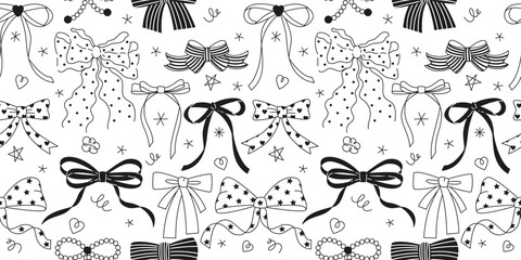 Seamless pattern with various cartoon bow knots, gift ribbons. Trendy hair braiding accessory. Hand drawn vector illustration. Valentine's day black and white background. - 713198384