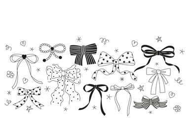 Set of various cartoon bow knots, gift ribbons. Trendy hair braiding accessory. Hand drawn vector illustration. Valentine's day black and white background. - obrazy, fototapety, plakaty