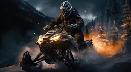 Braving the icy terrain, a daring motorcyclist revs their snowmobile through a digital world of adrenaline-fueled racing and breathtaking adventure - obrazy, fototapety, plakaty