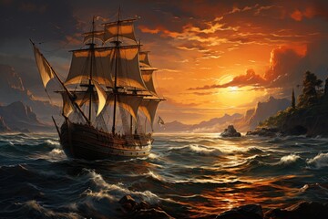 A majestic tall ship gracefully sails through the vibrant sky, its mast reaching towards the glowing sunrise, as it transports passengers across the vast ocean