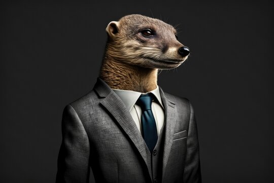 portrait of mongoose in a full-length business suit on a dark background