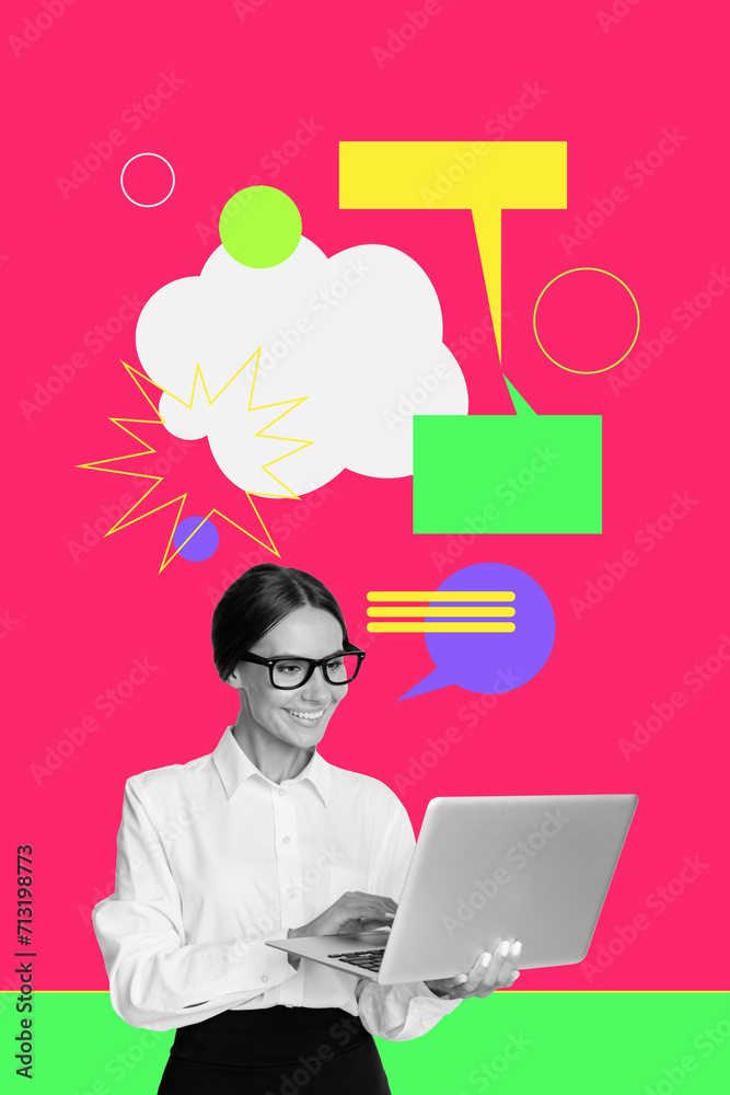Poster bright image artwork collage of charming lady chatting social media app website site empty space iso