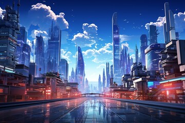 Dive into the animated hustle and bustle of an urban city with a background featuring dynamic skyscrapers, animated traffic, Generative AI - obrazy, fototapety, plakaty