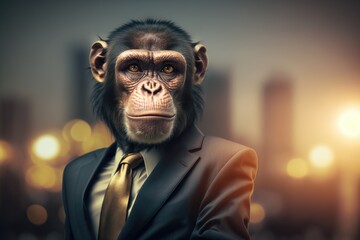 portrait of monkey in a dark business suit with a gold tie on a blurred background of an office