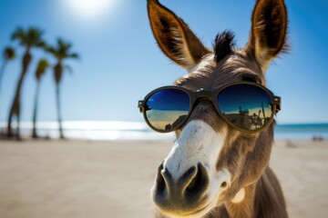 portrait of mule in sunglasses on a blurred background of palm trees and the beach