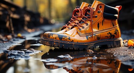 Bold orange boots braved the wet pavement, leaving behind a puddle of adventure and the promise of an outdoor excursion - obrazy, fototapety, plakaty