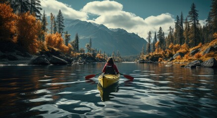Serene solitude captured in a moment, as a person paddles their canoe across the glassy lake amidst a picturesque landscape of towering mountains and vibrant trees under a clear blue sky - obrazy, fototapety, plakaty