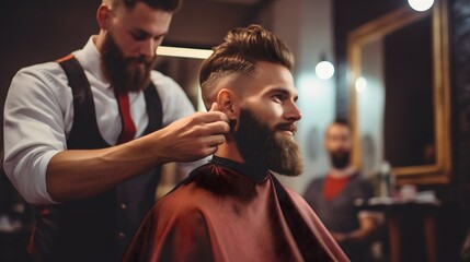 Handsome young man with beard and cool hairstyle smiling at the hairdresser or hairstyling studio, male barber client, grooming saloon, youthful guy smiling, beautician profession treatment customer