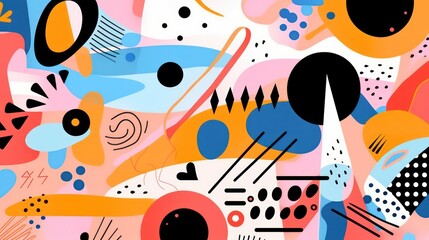 colorful geometric shapes in different colors, in the style of whimsical figures, geometric shapes patterns, memphis design, curvilinear shapes, abstract non-representational shapes, bold outlines
