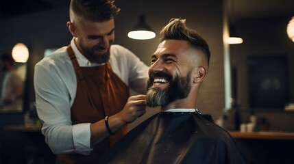 Handsome young man with beard and cool hairstyle smiling at the hairdresser or hairstyling studio, male barber client, grooming saloon, youthful guy smiling, beautician profession treatment customer