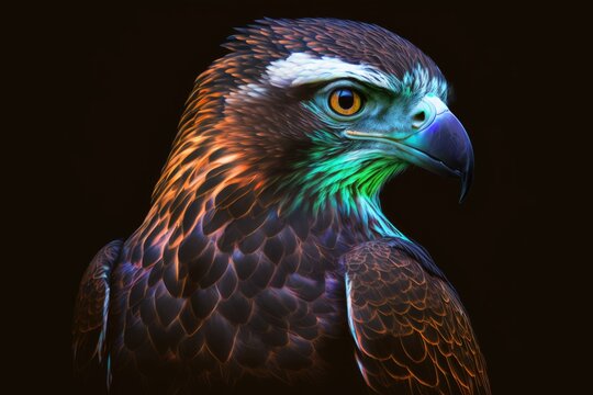 portrait of osprey in neon colors on a dark background