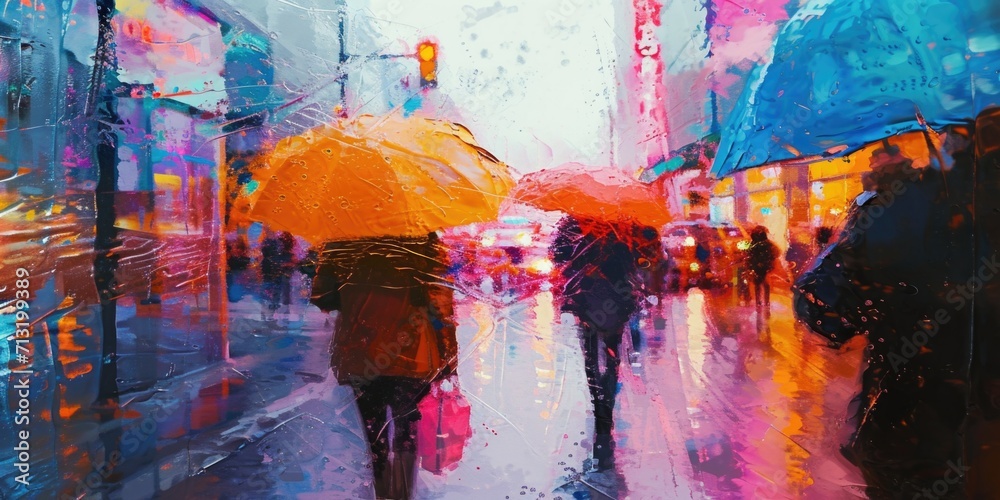Poster people walking in the rain with umbrellas. suitable for weather-related designs