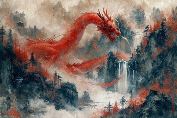 The dragon sits on the foggy mountains.
