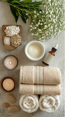 Fototapeta na wymiar Luxurious Towels and Robes: Arrange plush and neatly folded towels and robes, showcasing the comfort and quality associated with spa experiences. Aromatherapy Diffuser