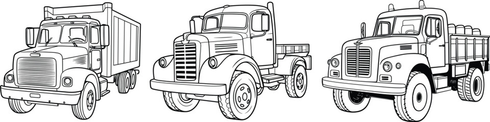 Cargo Truck outline vector illustration, Black and White Truck coloring page, set of truck coloring page elements