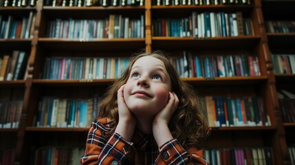 Dreamy Young Girl Sitting in Front of Bookshelf