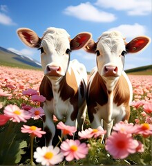 Curious Calves Explore Blooming Meadow: A Springtime Rural Scene with Flowers and Blue Sky