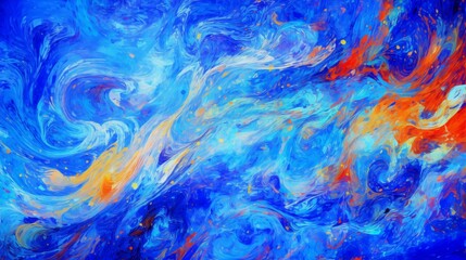 Abstract Light Blue, Orange, and White Swirls Fluid Ink Painting Texture Background with Dark Azure and Orange Marble Elements