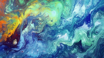 Abstract Blue, Turquoise, Amber, Dark Blue, Light Green Marble Ink Fluid Painting Texture Background