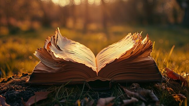 An open book, burnt on the sides of the pages, lies in the orange bosom of nature.