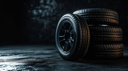 Car tires on a black background. Time to change concept. Generative AI