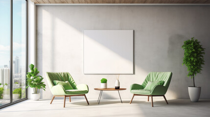 Modern living room with vibrant green chairs and indoor plants. Urban comfort and style concept Generative AI