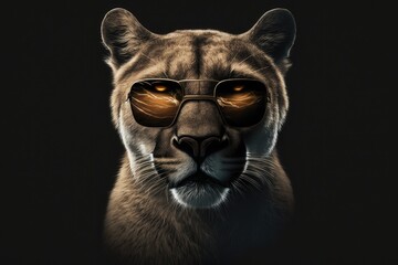 portrait of puma with sunglasses on a dark background