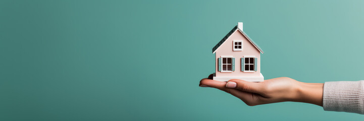Fototapeta na wymiar Hand holding a white house model against a serene blue background. Home buying concept. Generative AI