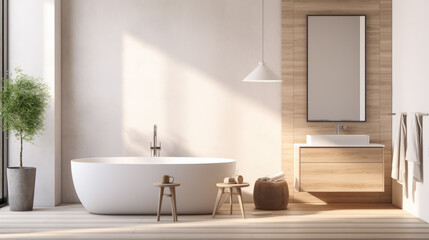 Fototapeta na wymiar Contemporary bathroom with sunlight and natural wood accents. Modern simplicity and elegance concept Generative AI