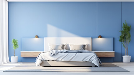 Contemporary bedroom featuring a blue headboard and soft natural lighting. Home comfort. Generative AI