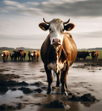 Majestic Cow Leading the Herd: A High-Quality Image Capturing the Essence of Farm Life