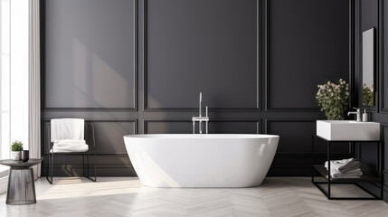 Fototapeta na wymiar Classical bathroom with freestanding white tub against a dark paneled wall. Sophisticated and spacious. Generative AI