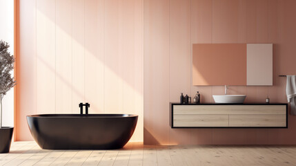 Warm-toned bathroom with black freestanding tub and light wood cabinetry. Contemporary design. Generative AI